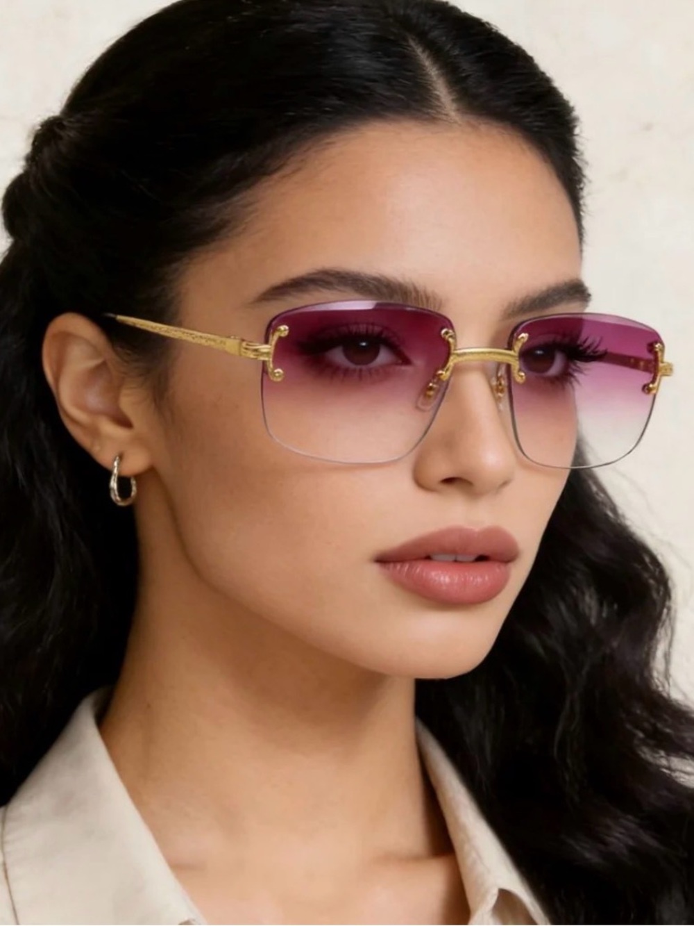 Gold-Frame Gradient Purple Rimless Sunglasses - Women
